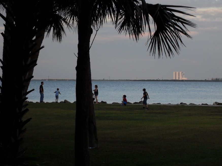 Looking across to Cape Kennedy and the Vehicle Assembly Building, originally constructed to house the Saturn V rockets.