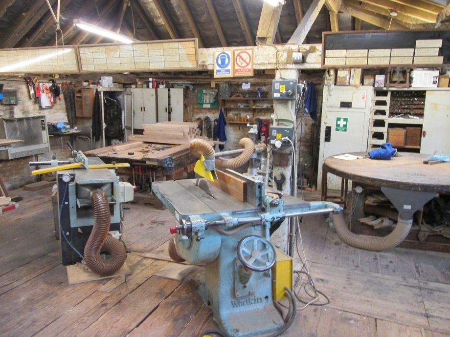 The upstairs floor of the Whitechapel Bell Foundry. Note the angle of the sawing machines in order to maximise the lengths of wood they could cut in the confined space (corner to corner of the room).