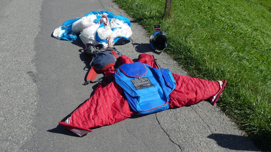 This is the winged suit of a guy who jumped off the cliffs as we were walking down the valley.