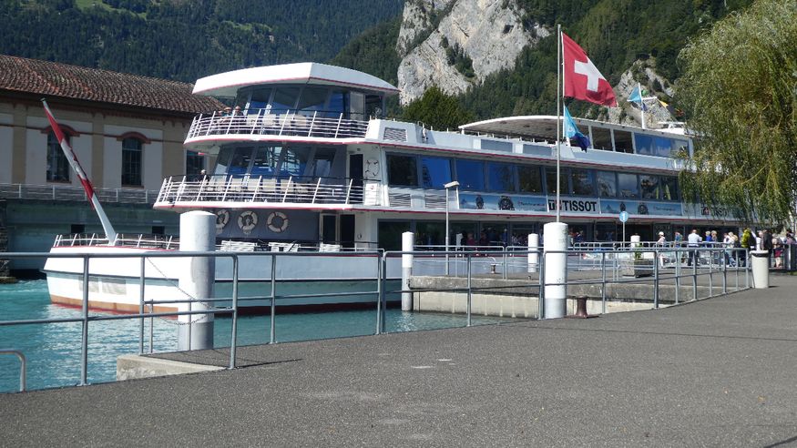 The lake cruising boat moored up next to where we had lunch. Interlaken West railway station is behind us.