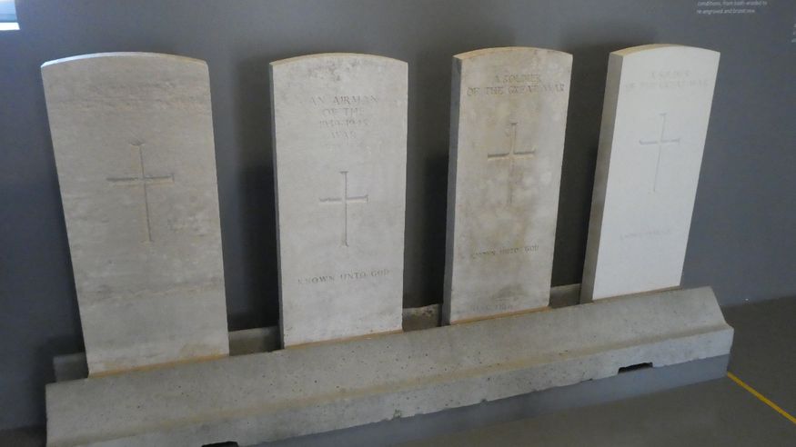 Example of headstone deterioration: L-R: 100 years, 50 years. 25 years, new.
