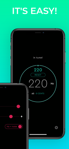 drum tuner EZ - drum tuning app for Android & iOS - Scale Tuner screen overview with the accent color slider and the differnece scale with indication in Note and Cents + Hz
