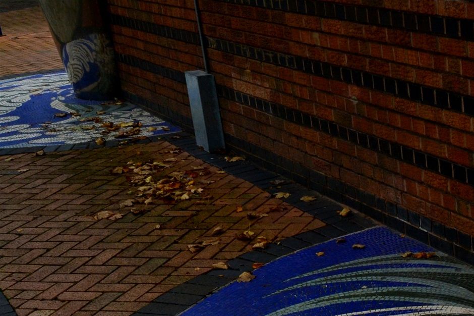 Anamorphic mosaics at bus station, designed by Steve Field.1994, laid by Ilona Bryan and Chris Willetts