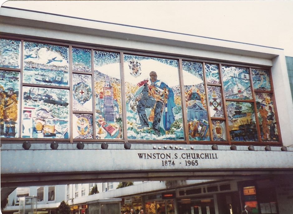 Churchill centre , stained glass by Bainbridge Copnall, commissioned by architect John Lewis, it has now been removed for safety reasons. Photo courtesy of the Lewis estate