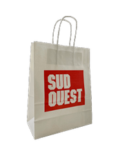 un sac kraft noir à poignées torsadées en format 32X12X41 cm le journal Sud-Ouest avec une sérigraphie 1 couleur Bordeaux