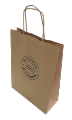un sac en papier kraft brun naturel à poignées torsadées personnalisé pour l'épicerie fine la fruitière à Morteau et Besançon