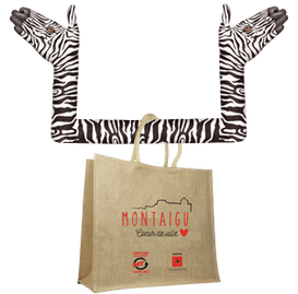 un-sac-réutilisable-publicitaire-en-toile-de-jute-accroché-à-cintre-avec-un-logo-Montaigu-couer-de-ville-Bordeaux-Avignon