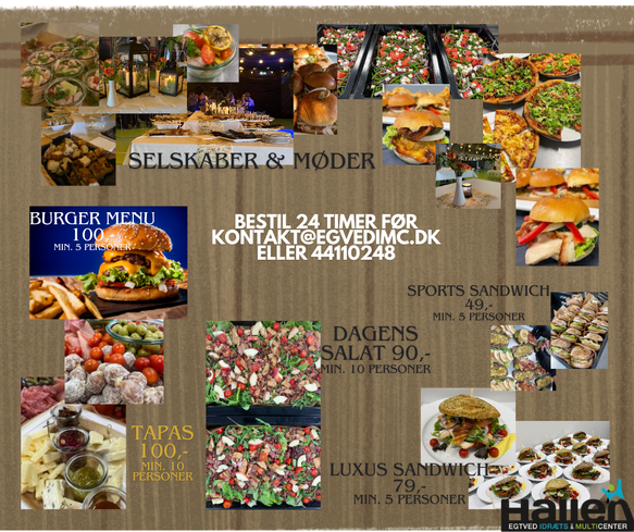 Menu med tapas, dagens salat, luxus sandwich og burger-menu.