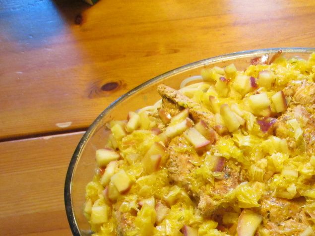 En egen komposition på denna maträtt-
Dragon och citronmarinerad kycklingfilé med fruktig spagetti