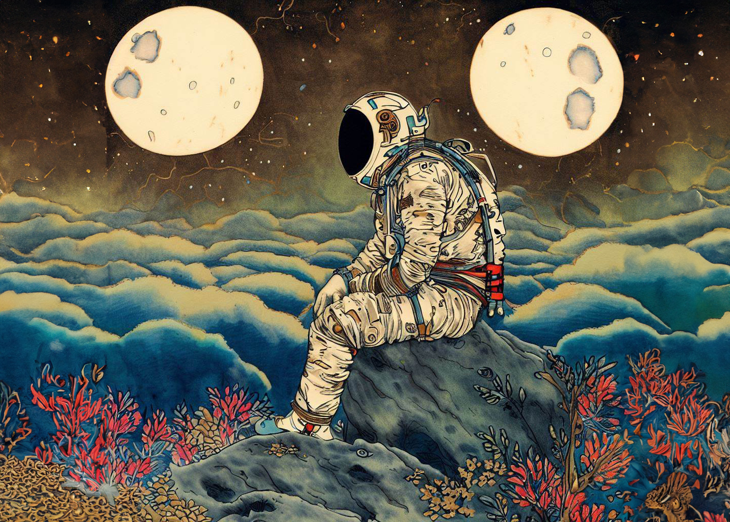Ilustración astronauta Ukiyo-e