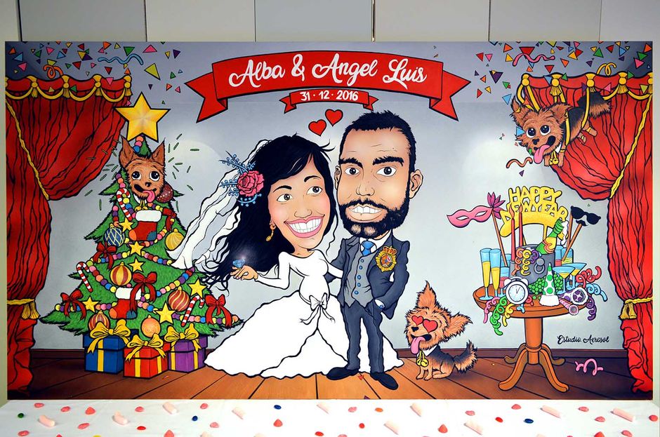 "Una boda en caricatura". Cuadro para enlace. Estudio Aerosol ©. 