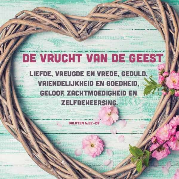  De vrucht van de Geest is liefde, vreugde en vrede, geduld, vriendelijkheid en goedheid, geloof, zachtmoedigheid en zelfbeheersing. Galaten 5:22-23

De eerste vrucht van de Geest begint met liefde.
Vreugde is liefde die zich verheugt,
Vrede is liefde die rust heeft gevonden,
Geduld is liefde die wacht,
Vriendelijkheid is liefde in wisselwerking,
Goedheid is liefde die het initiatief neemt,
Trouw is liefde die zich aan zijn woord houdt,
Zachtmoedigheid is liefde die meeleeft,
Zelfbeheersing is liefde die de verleiding weerstaat.
