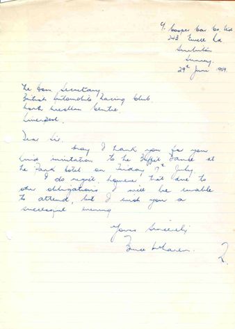 Bruce McLaren - reaction on invitation for Buffet Dance