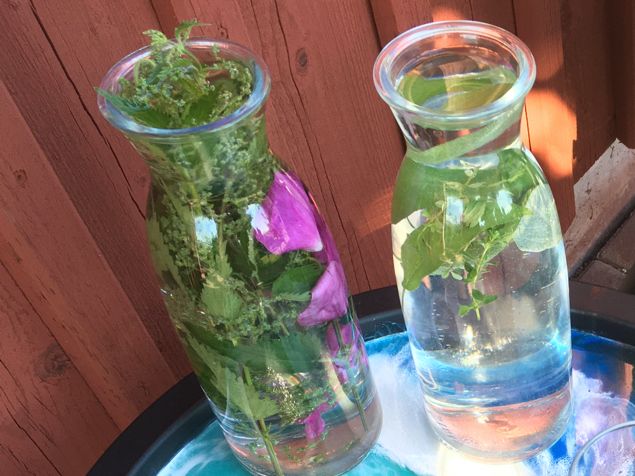 Drick mycket när det är så varmt! 28°C ÄR varmt. Gör ett macerat, så blir vattnet nyttigare. Lägg en ört, tex. nässla och vresros eller citronmeliss, salvia eller timjan i vattenkaraffen så dras örtens aktiva ämnen från själva örten och övergår i vätskan. Låt örten ligga i vattnet 6-8 timmar. Jag brukar fylla på nytt vatten allteftersom jag dricker och ha örterna i hela dagen. Till kvällen ställer jag det i kylskåpet och nästa dag silar jag av örterna, fyller maceratet i en bringare och börjar om med nya örter.🌱 🍀  Det lilla fina bordet är ett jag gjort med epoxy. Jag gillar det skarpt 🐳