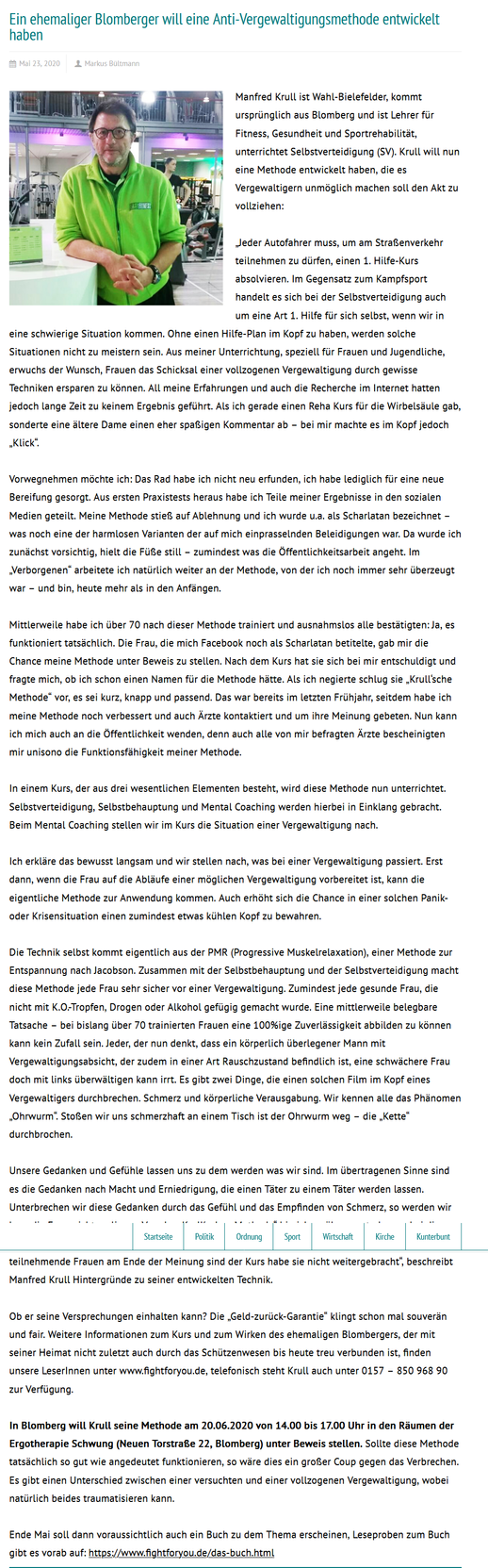 Ein ehemaliger Blomberger will eine Anti - Vergewaltigungsmethode entwickelt haben. 