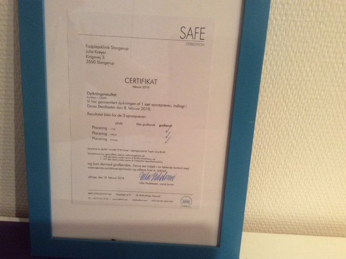 Certifikat på godkendelse af sterilisation af instrumenter