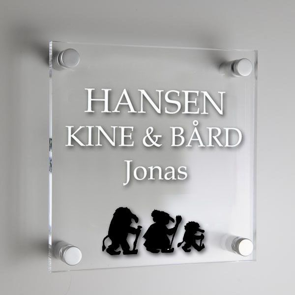 

 23.....     Dørskilt laget i plexiglass. Motiv.
- Elegante skruer i aluminium.    
Kr.150x150x6 mm       
Kr. 420,-































