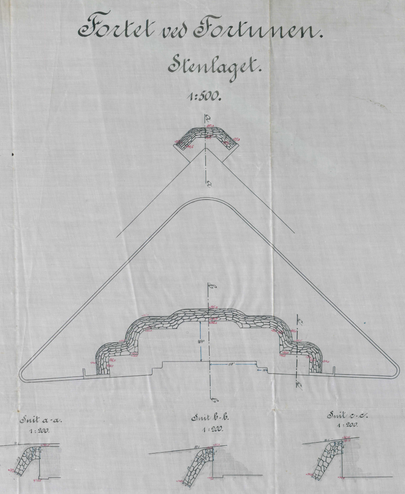 Tegningen viser placeringen af stenlagene på Fortunfortet. Uddrag af tegning fra Rigsarkivet.