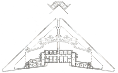 Lyngbyfortets indretning, jfr. tegning og bemandingsplan 1900. Ingeniørkorpsets Arkiv.