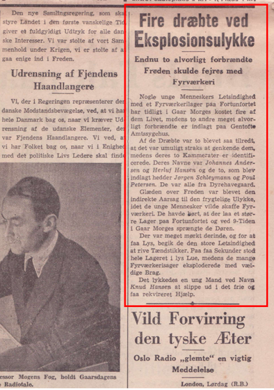 Fortunfortet. Politiken's omtale af fyrværkeriulykken på Fortunfortet d. 5. maj 1945,
