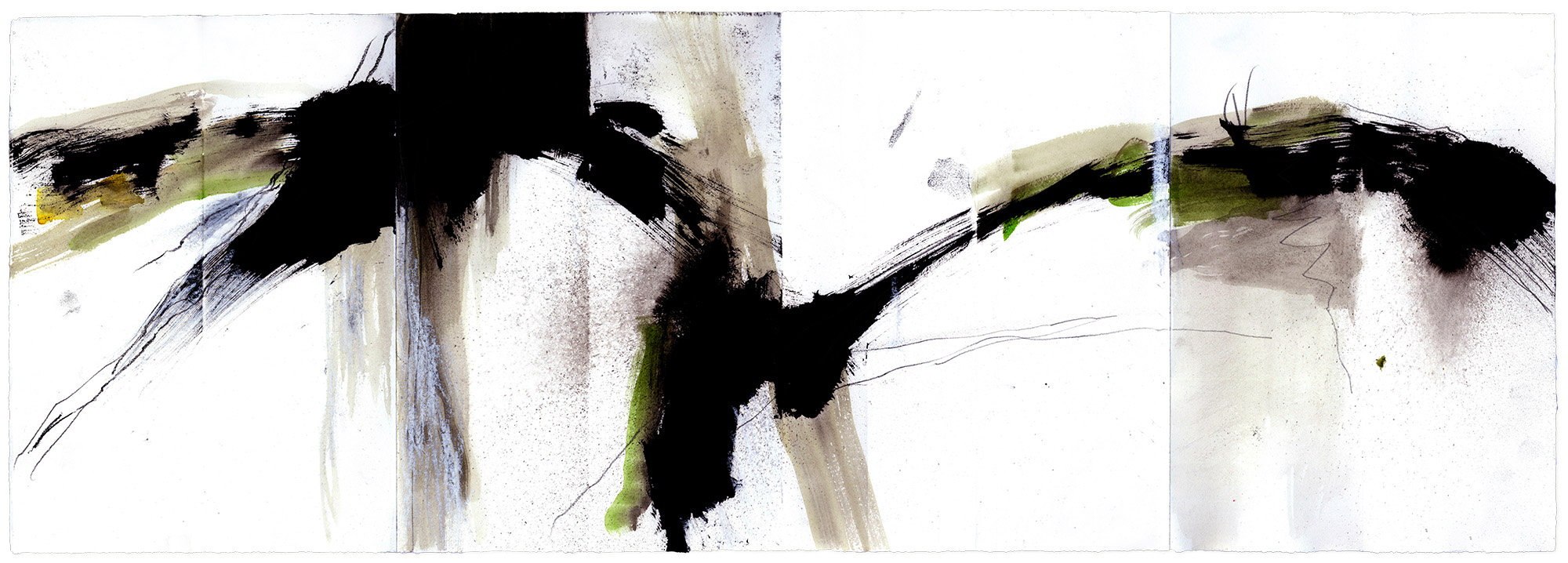 Franka Just . AUFKLÄRUNG UND WIE WEITER? Tusche, Kreide, Aquarell auf Bütten 26,5 x 76 cm, 2025