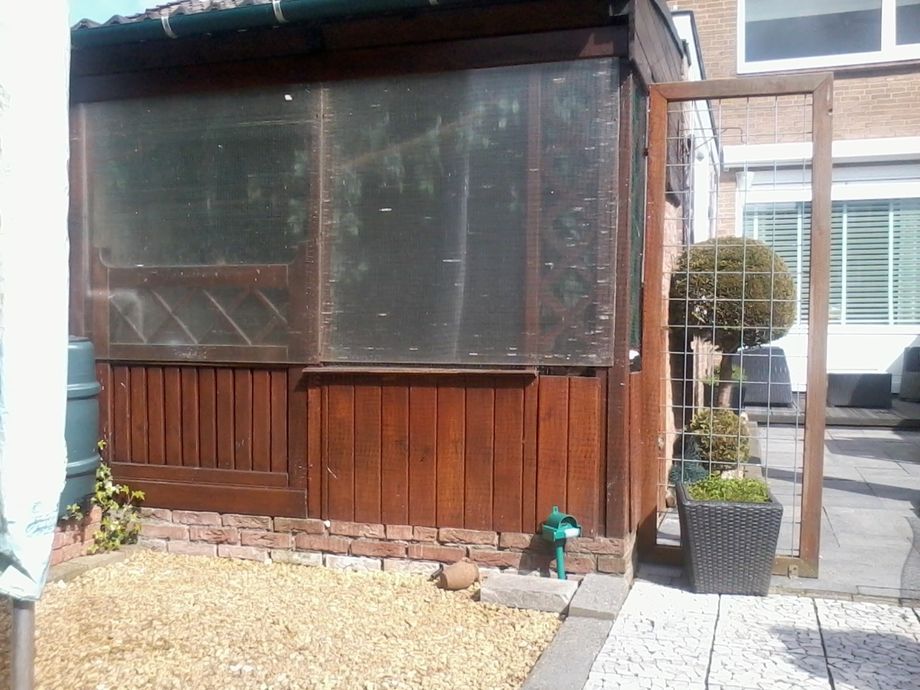 25 april 2016. Vanwege de kou zitten er nog plexiglasplaten voor. De voliere is voorzien van dubbel gaas. Dit vanwege de vele katten. Daarnaast heb ik nog dunne vijvernetten langs de voliere gespannen. Sindsdien hangen de katten niet meer aan het gaas. Sinds kort heb ik ook een kattenverjager die hele hoge geluiden afgeeft. Helpt naar mijn mening redelijk goed. Eigenlijk te zot voor woorden wat ik allemaal moet doen om mijn vogels in mijn tuin te beschermen tegen andermans katten. In het midden naast het kleine kruikje en de kattenverjager ziet u een stukje van de vijverslang, waardoor het water naar buiten stroomt als ik het water ga verversen in de binnenvoliere. 