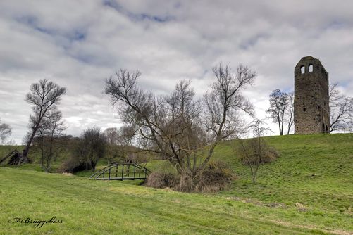Blick auf Ruine mit Brücke über einen kleinen Bach