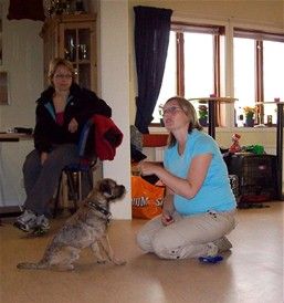 Här sitter Katarina med Dio och visar hur man kan jobba med sin hund.