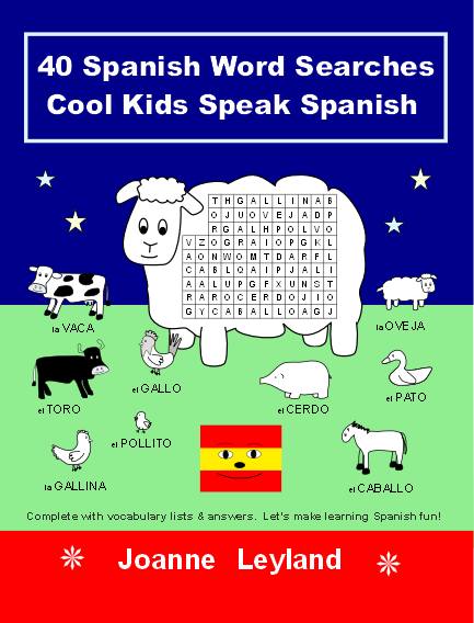 Book cover of 40 Spanish Word Searches by Joanne Leyland shows the farm word search is in the shape of a sheep