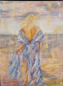 Dame ved vandet 80x60 i sølvramme privat eje