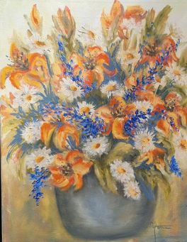 Liljer i blå vase 50x40 cm i sølv ramme