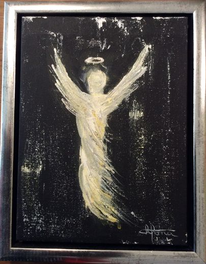 Engel på lærred i sølvrammer 22x28 cm kr 500,-