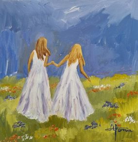 Sisters in the field 40x40 i sølvramme