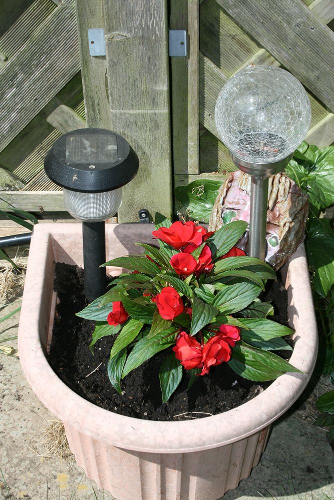 one of our patio tubs with the clay face I made at Scotts Project fifteen years ago with Jackie