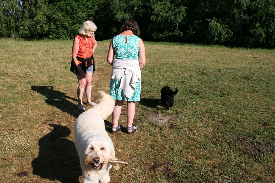 mum and me with Darcy. Ever hopeful, Toby the Labradoodle has bought dad a stick