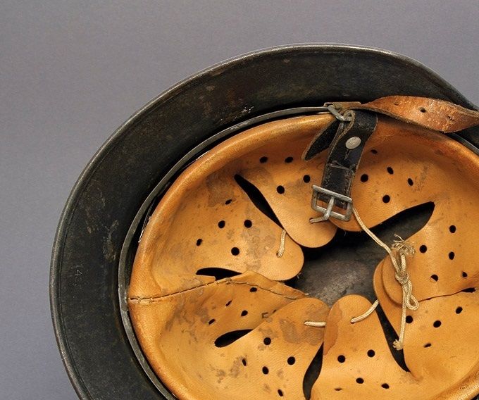 Typical leather liner of a German helmet, yellow in color, made from goat skin or sheep skin.