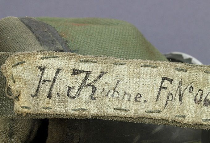 Naming on cloth line on a gas mask used by a German navy soldier. 