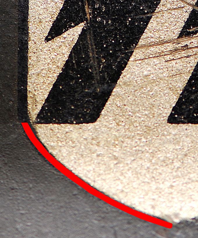 Notice the round shape of the bend that differs from the sharp bend at C.A. Pocher and Quist decals. The picture above shows the smooth line that goes from the bend to the end tip of the shield. 