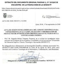 Reconocimiento al Dr. Moisés Toapanta, PhD. en su calidad de INVESTIGADOR mejor puntuado en el RNI-Senescyt en el área de Tecnologías de Información y Comunicaciones (Las TIC) en el 2018.