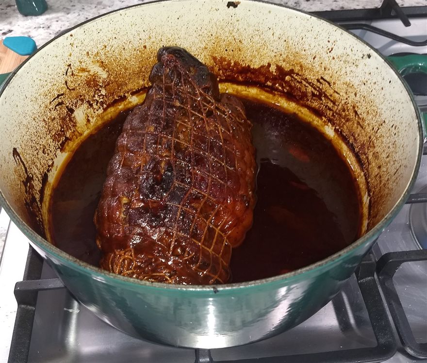 Done after 4 1/2 hours. Internal temperature should be 205.