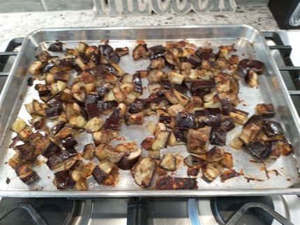 Shortcut to bake instead of frying the eggplant cubes.