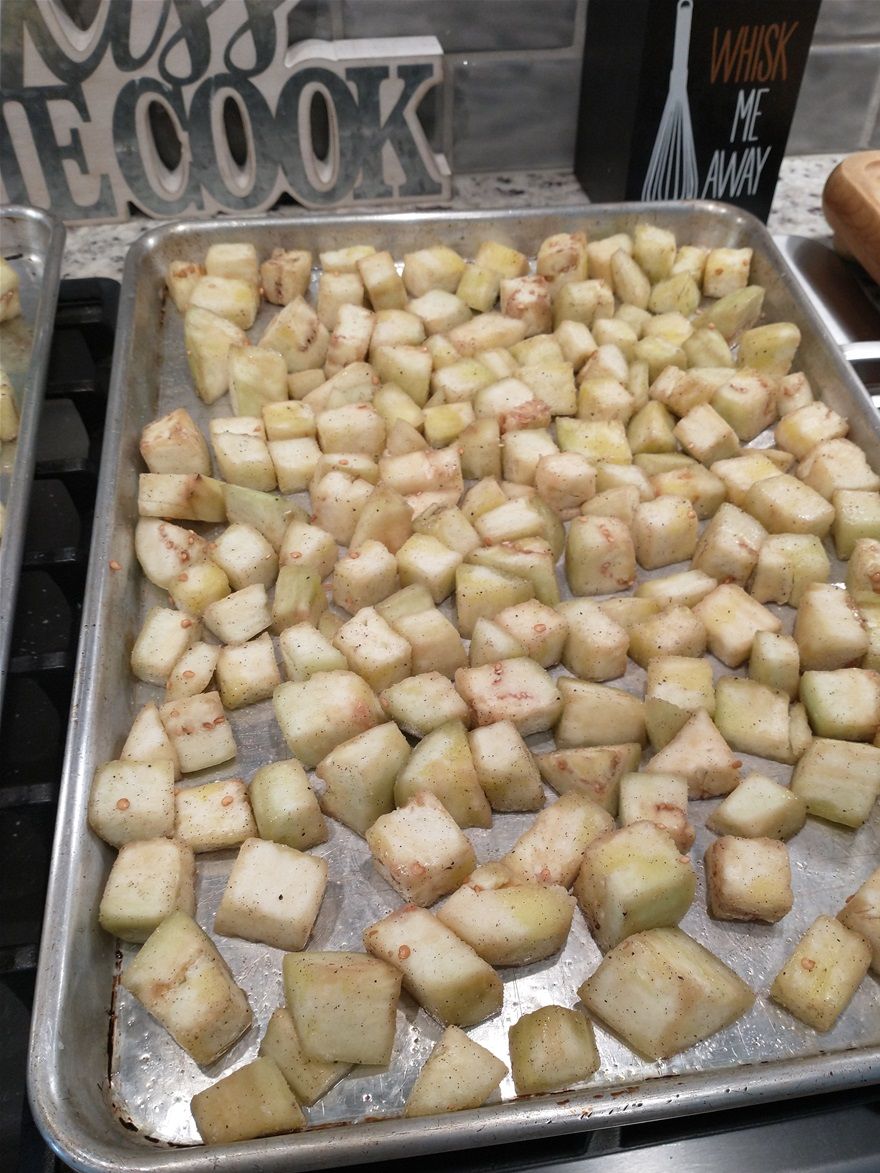 Cubed and dressed ready for the oven....