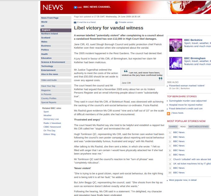BBC news re Jane Clift