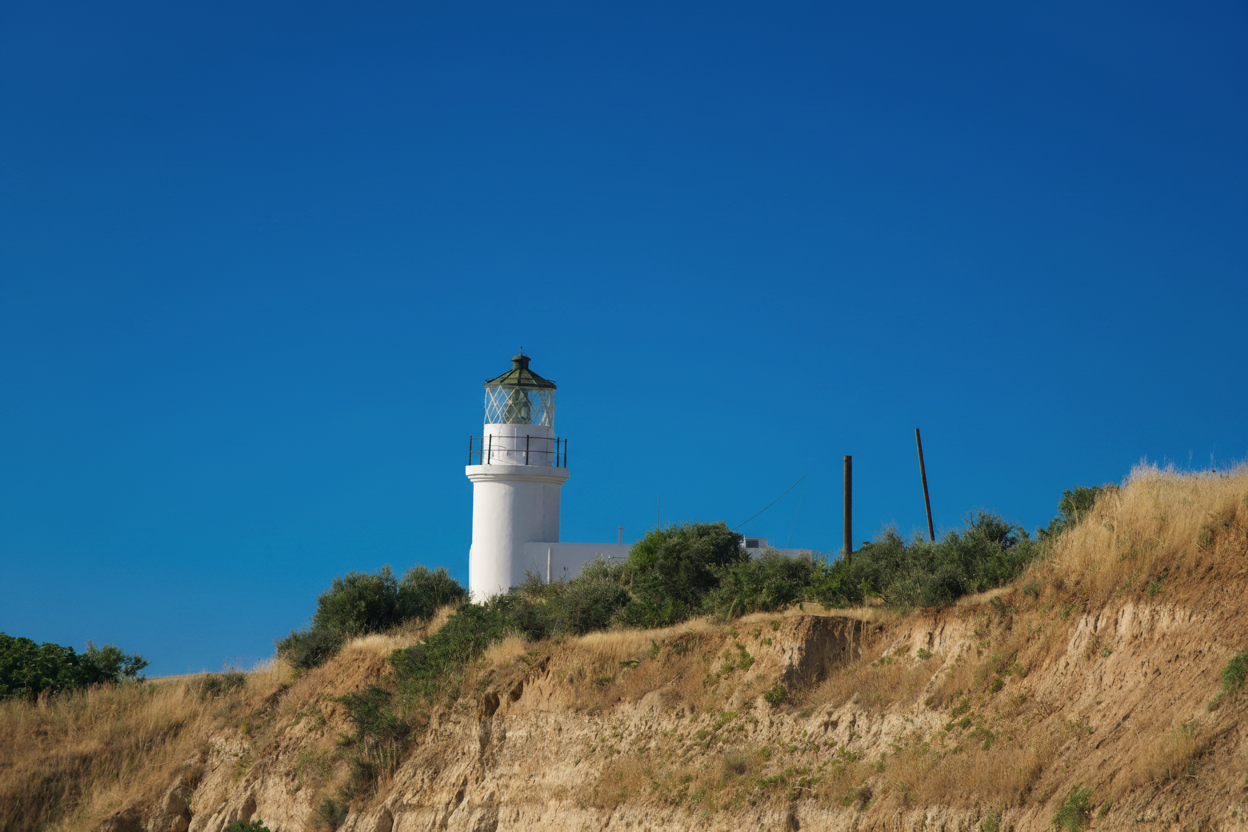 Angelochori Lighthouse, Greece, overlooking the Thermaic Gulf with scenic coastal views and historic maritime heritage.