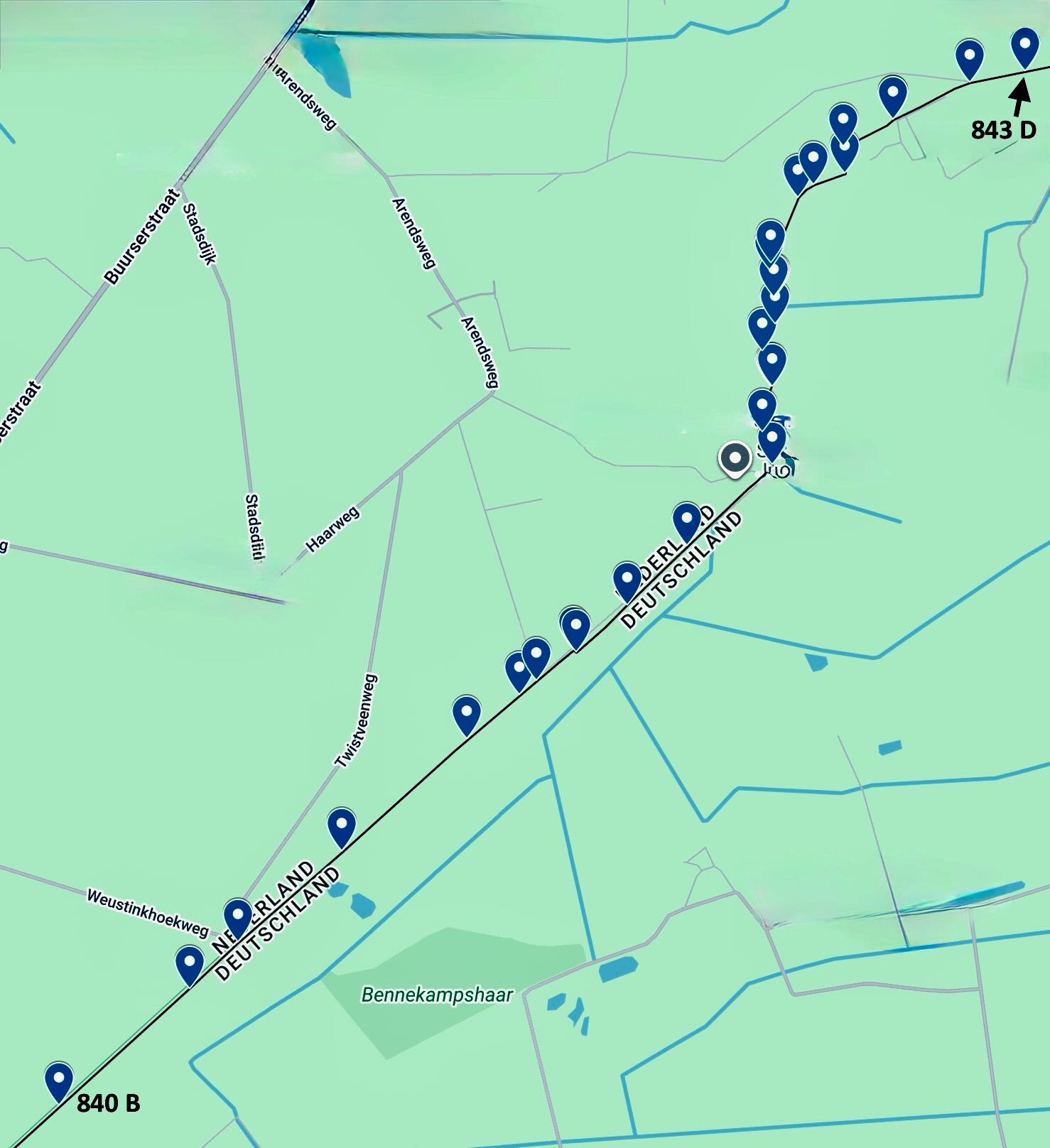 Overzichtskaart van de grenstenen 840B t/m 843D aan de Duits-Nederlandse grens