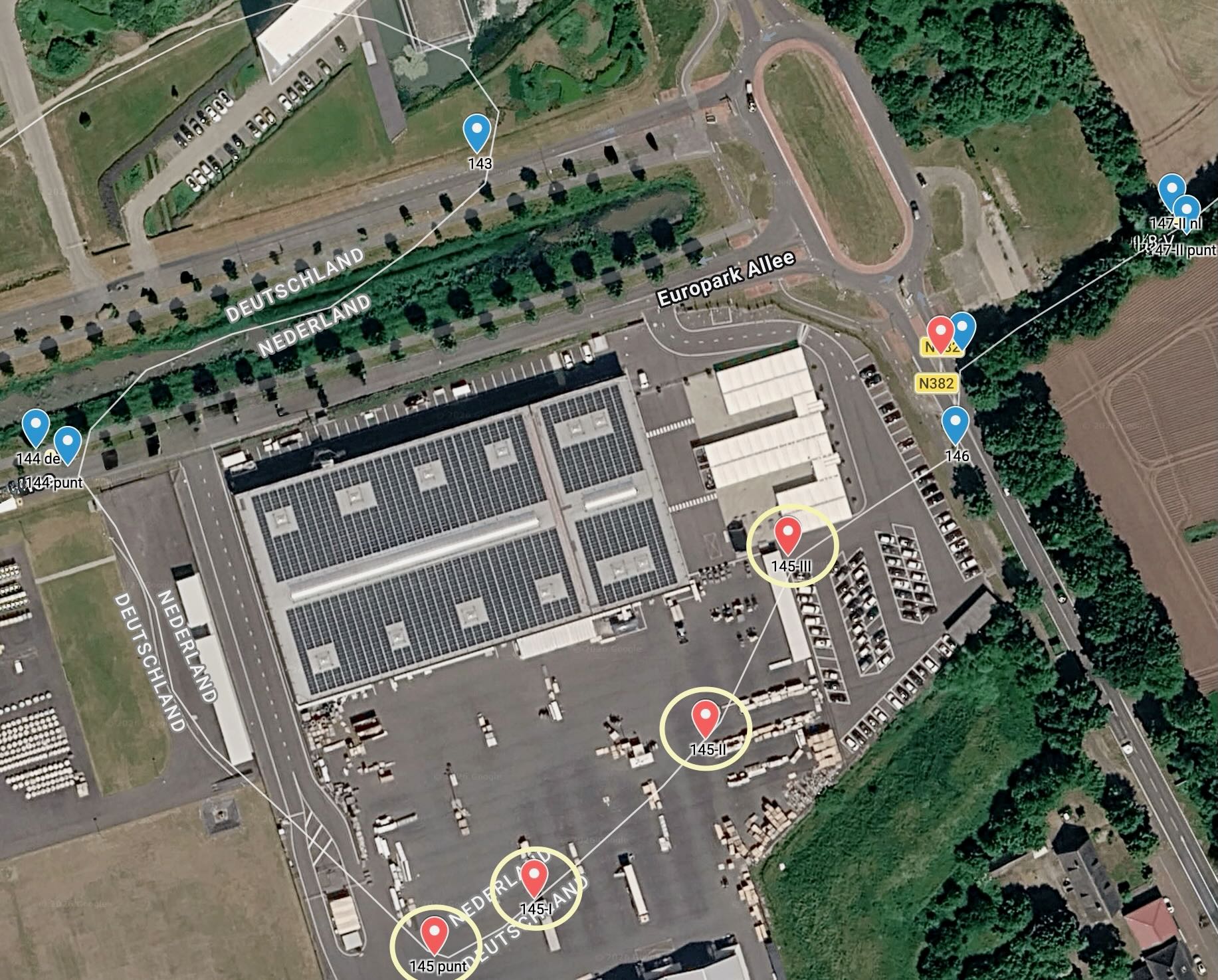 Overzichtskaart van GVZ Euregio Coevorden met de locatie van de historische grensstenen 145 tot en met 145 III
