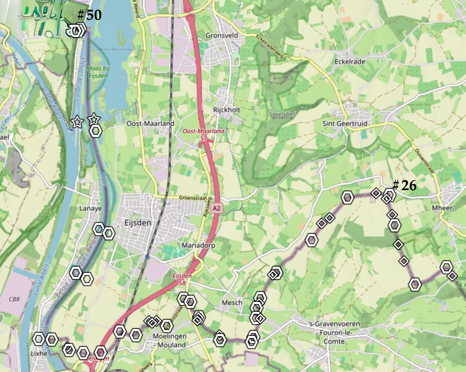 Overzichtskaart met locaties van grenspalen 26 - 50 langs de Belgisch-Nederlandse grens.