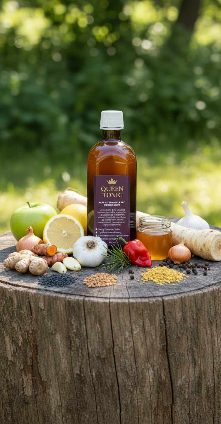 Queen Tonic fermenterad örtdryck med 14 örter i naturmiljö
