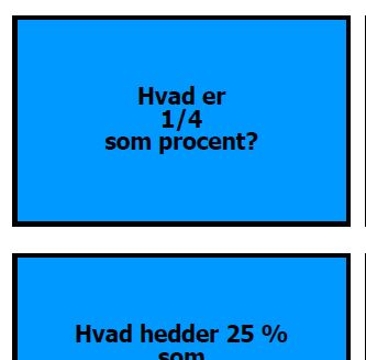 Tre eksempler på Quiz og Byt kort med brøk/decimaltal/procent.