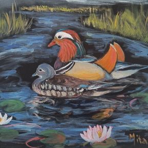Mita - fin målad bild på canvas föreställande mandarinand, en hona och